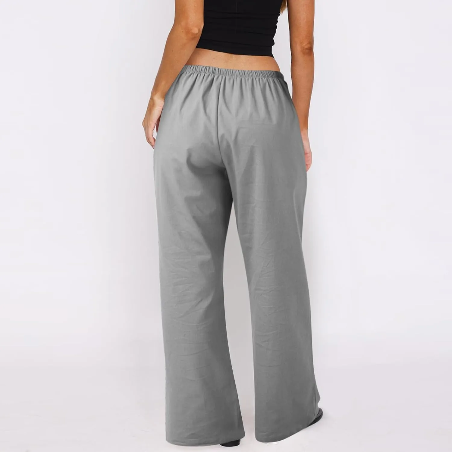 Baggy Linen Pants Women Casual Elastic High Waisted Wide Leg Palazzo Pants Lightweight Flowy Beach Pant Resort Wear