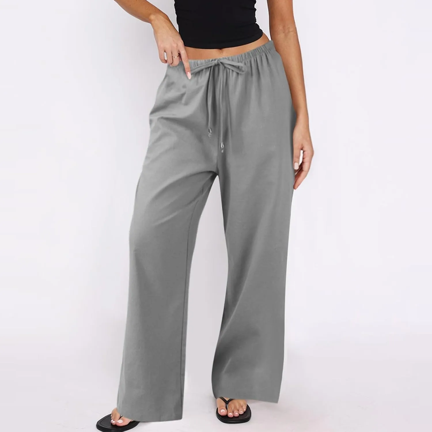 Baggy Linen Pants Women Casual Elastic High Waisted Wide Leg Palazzo Pants Lightweight Flowy Beach Pant Resort Wear