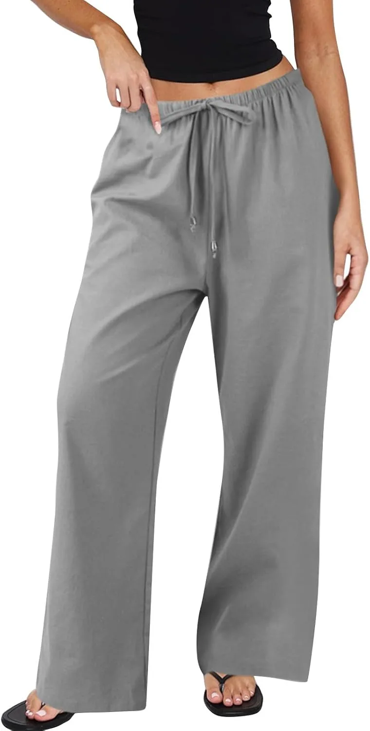 Baggy Linen Pants Women Casual Elastic High Waisted Wide Leg Palazzo Pants Lightweight Flowy Beach Pant Resort Wear