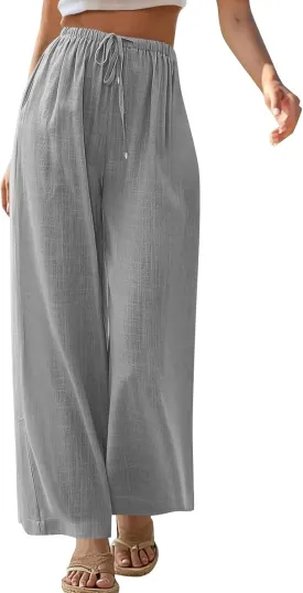 Baggy Linen Pants Women Casual Elastic High Waisted Wide Leg Palazzo Pants Lightweight Flowy Beach Pant Resort Wear