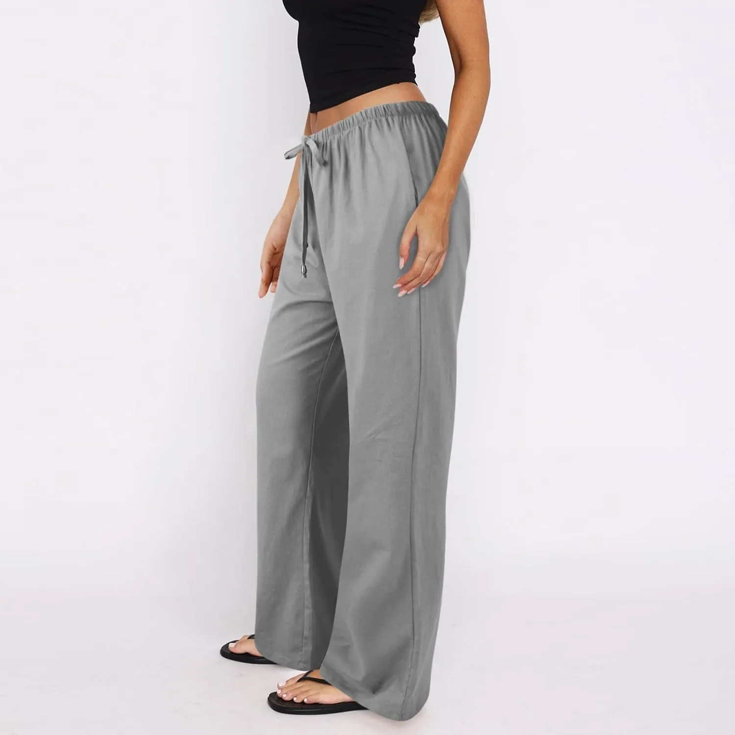 Baggy Linen Pants Women Casual Elastic High Waisted Wide Leg Palazzo Pants Lightweight Flowy Beach Pant Resort Wear
