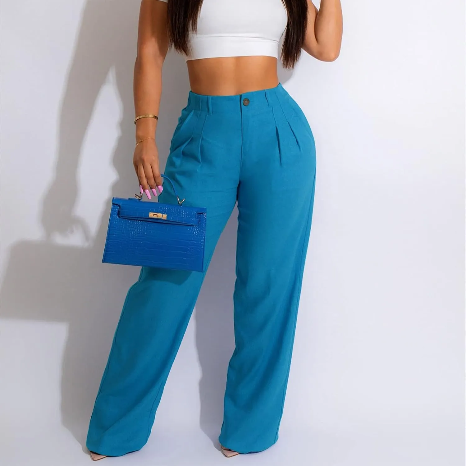 Cargo Pants for Women Casual Solid Pant Straight High Waist Buttons Pleated Trousers Wide Leg Sweatpants with Pocket