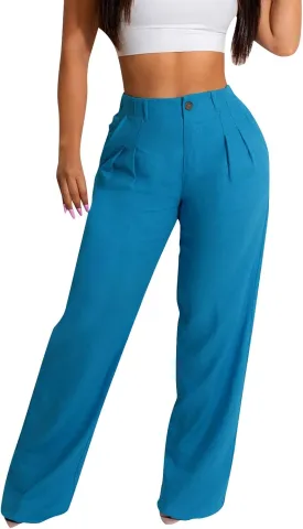 Cargo Pants for Women Casual Solid Pant Straight High Waist Buttons Pleated Trousers Wide Leg Sweatpants with Pocket