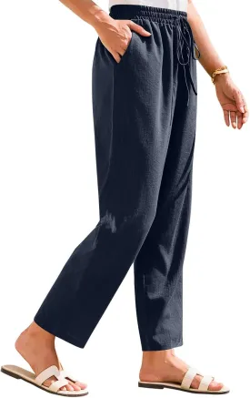 Cropped Linen Pants Women Summer Elastic Drawstring Waist Tapered Straight Leg Crop Pants Casual Beach Ankle Trousers