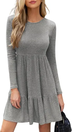 CUPSHE Fall Dress for Women 2025 Casual Round Neck Long Sleeve Knit Ruffled Fitted A Line Mini Spring Sweater Dress