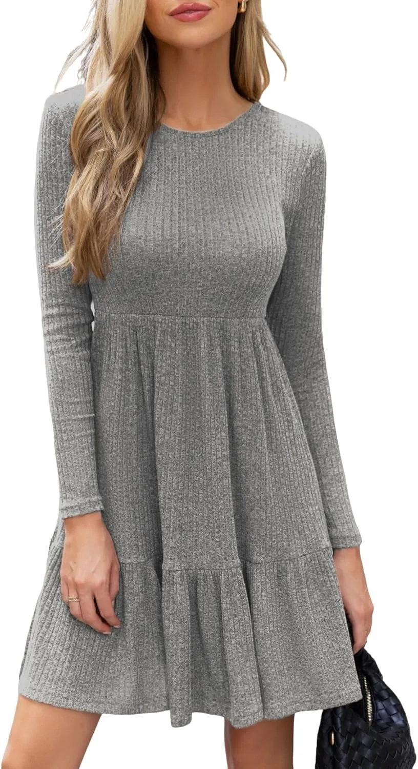 CUPSHE Fall Dress for Women 2025 Casual Round Neck Long Sleeve Knit Ruffled Fitted A Line Mini Spring Sweater Dress