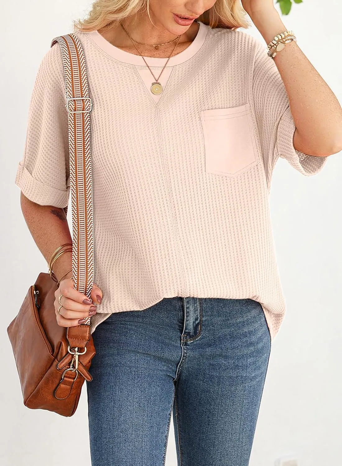Dokotoo Womens Summer Tops 2025 Fashion Short Sleeve Crewneck Waffle Knit T Shirts Casual Oversized Blouses Clothing
