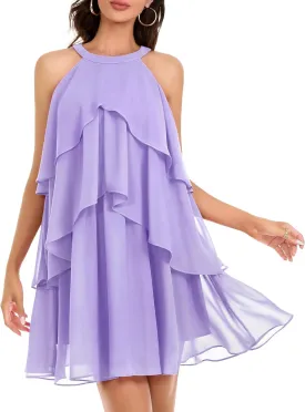 DRESSTELLS Women's Casual Halter Ruffle Tiered Dresses, Beach Wedding Cocktail Party Mini Sundress