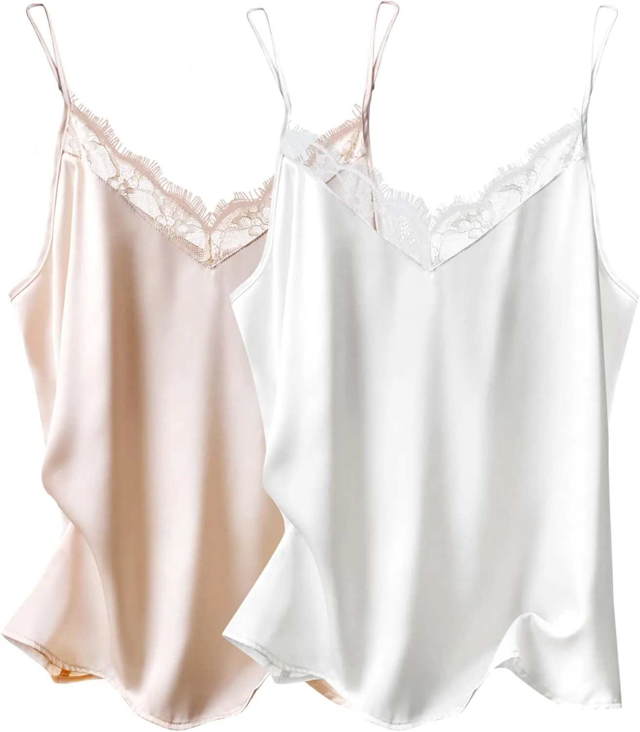 Ekouaer Women's 2 PCS Cami Top Satin Tank Top Adjustable Spaghetti Strap Camisole
