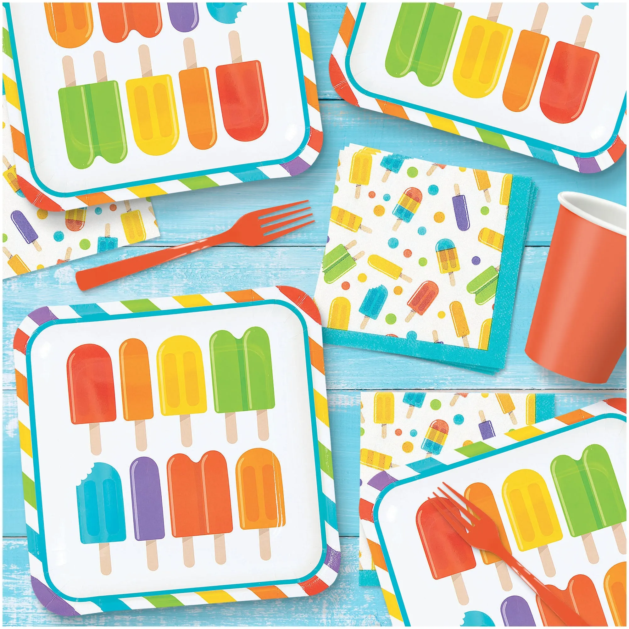 Ice Pop Party Supplies - Popsicle Dinner Plates and Napkins - For Summer Birthday, 4th of July, or Pool Party (16 Plates & Napkins)