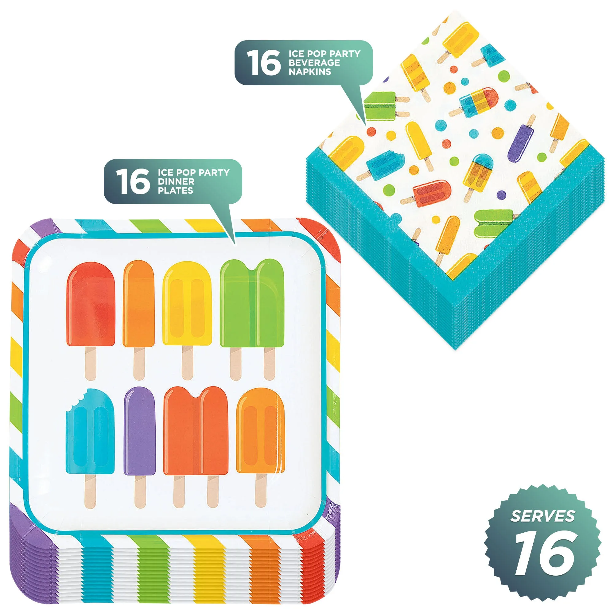 Ice Pop Party Supplies - Popsicle Dinner Plates and Napkins - For Summer Birthday, 4th of July, or Pool Party (16 Plates & Napkins)