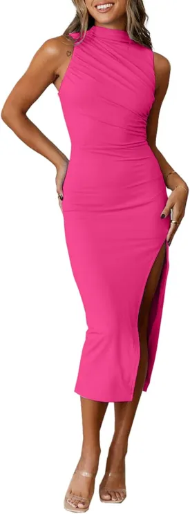 IHOT Women's Sleeveless Bodycon Midi Dress High Neck Ruched Side Slit Cocktail Party Dresses