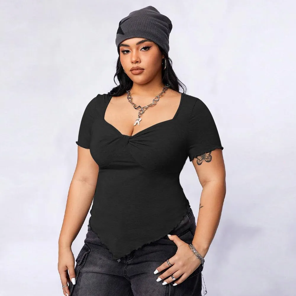 JULYCLO Plus Size Shirt for Women Sweetheart Neck Short Sleeve Shirt Slim Fit Tee Top Sexy Twist Front Top Streetwear