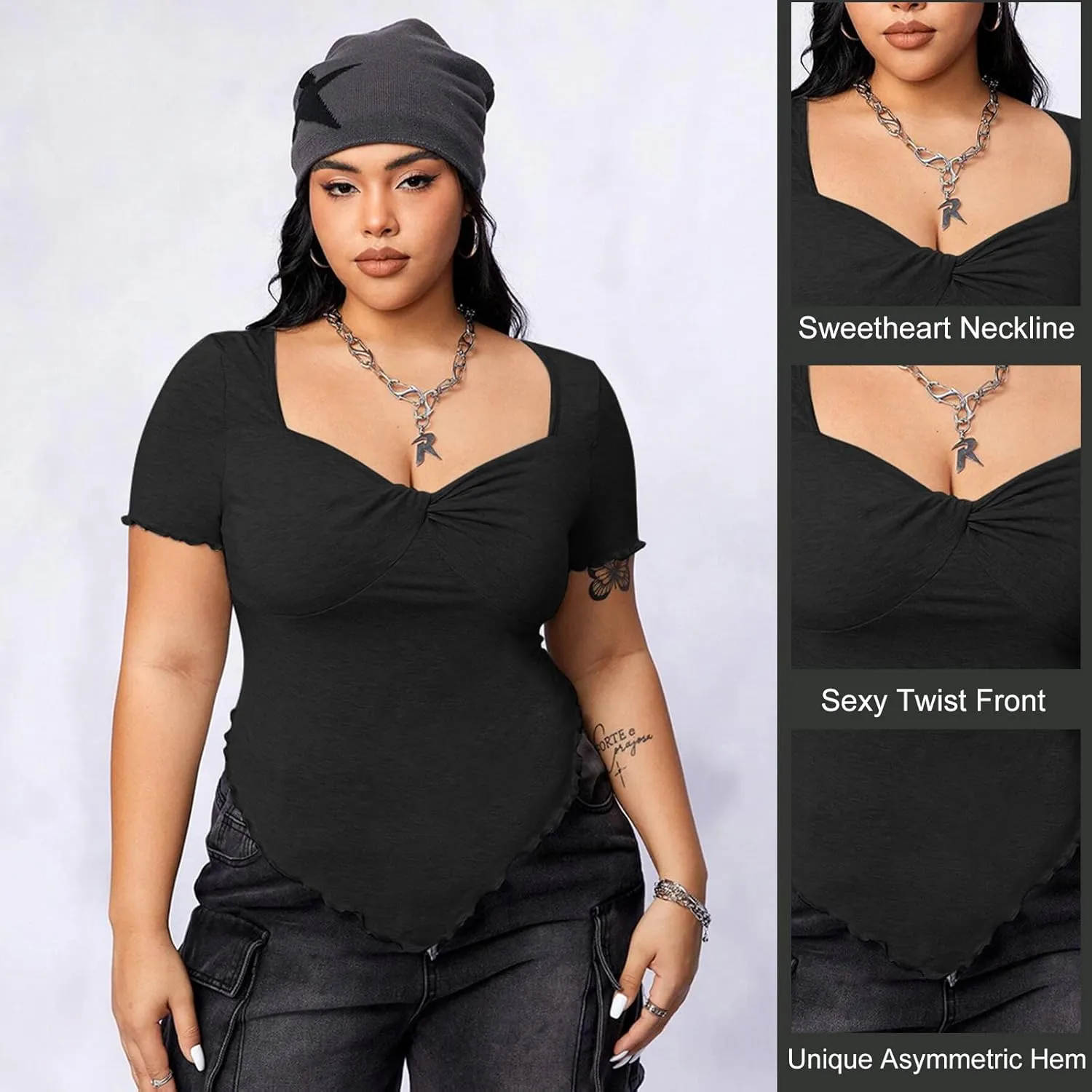 JULYCLO Plus Size Shirt for Women Sweetheart Neck Short Sleeve Shirt Slim Fit Tee Top Sexy Twist Front Top Streetwear