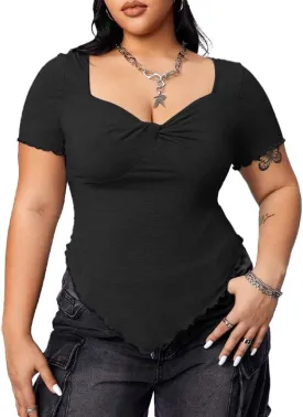 JULYCLO Plus Size Shirt for Women Sweetheart Neck Short Sleeve Shirt Slim Fit Tee Top Sexy Twist Front Top Streetwear