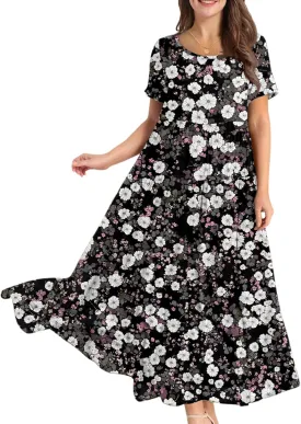 Maxi Dresses for Women 2025 Floral Print Plus Size Short Sleeve A-Line Dress Trendy V Neck High Waist Prom Dress
