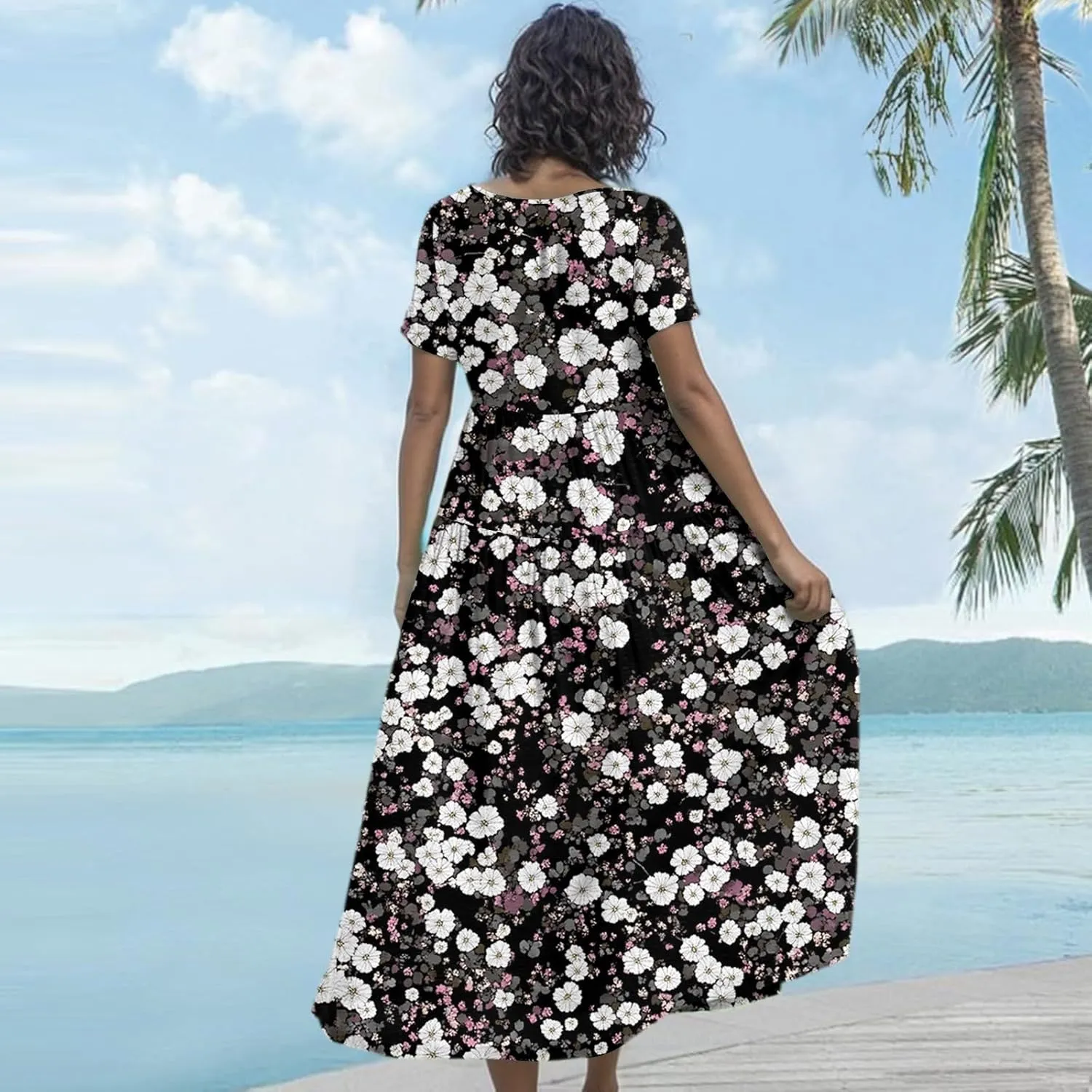 Maxi Dresses for Women 2025 Floral Print Plus Size Short Sleeve A-Line Dress Trendy V Neck High Waist Prom Dress