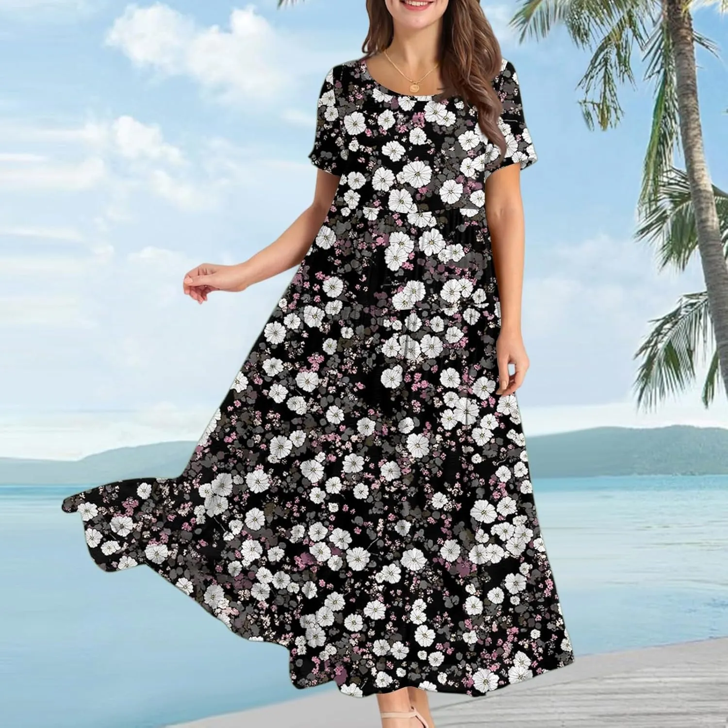 Maxi Dresses for Women 2025 Floral Print Plus Size Short Sleeve A-Line Dress Trendy V Neck High Waist Prom Dress