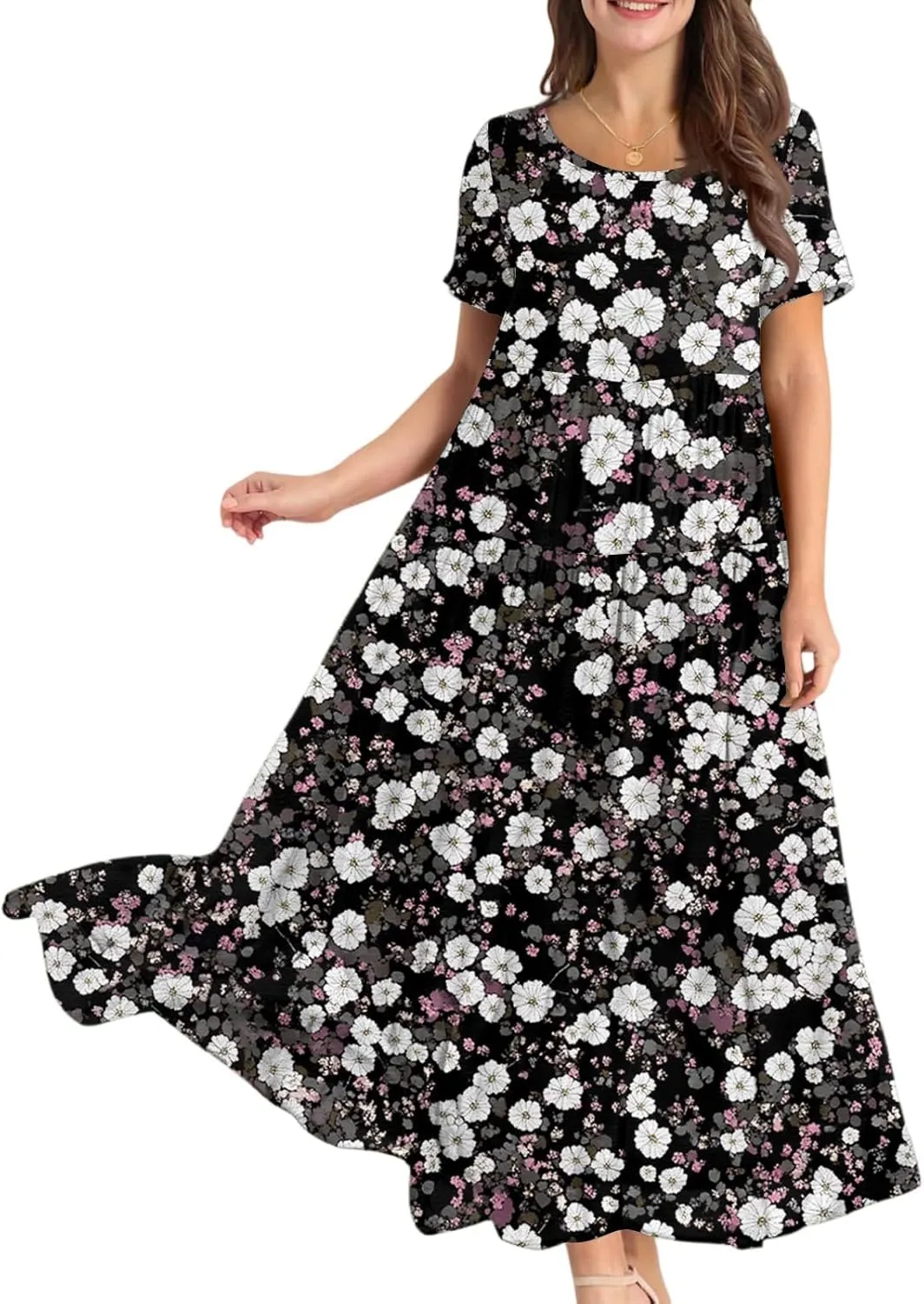 Maxi Dresses for Women 2025 Floral Print Plus Size Short Sleeve A-Line Dress Trendy V Neck High Waist Prom Dress