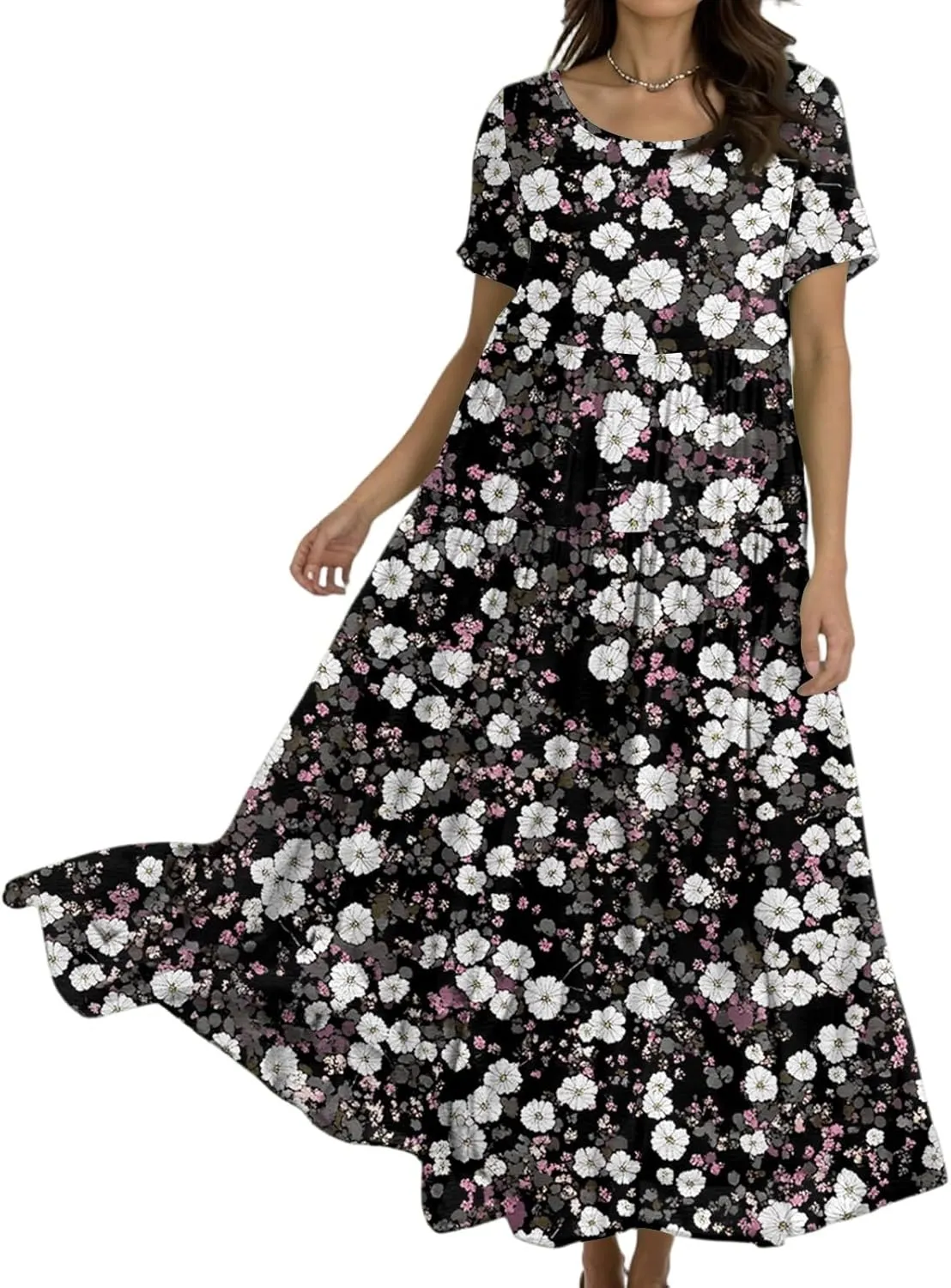 Maxi Dresses for Women 2025 Floral Print Plus Size Short Sleeve A-Line Dress Trendy V Neck High Waist Prom Dress