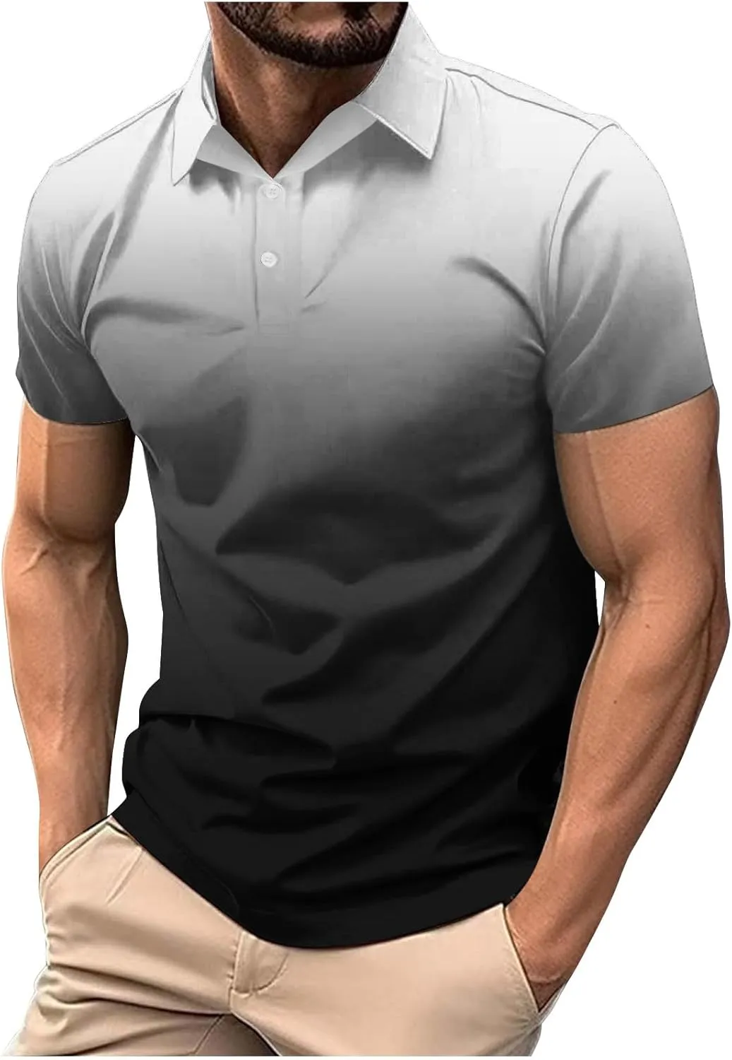 Mens Polo Shirts Short Sleeve Gradient Color Gym Workout Golf T-Shirt Casual Fashion V Neck Button Down Tops 2025