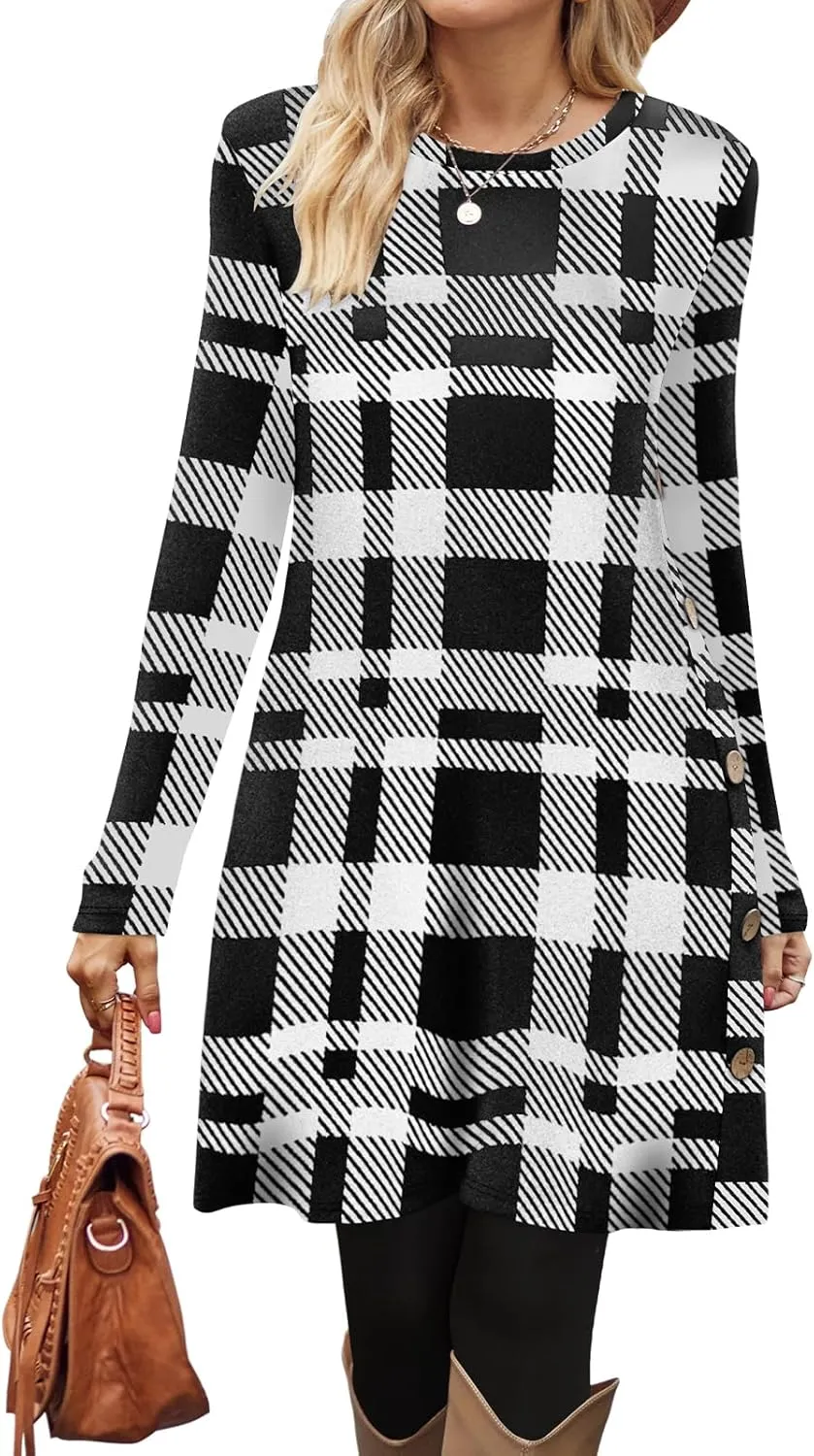 OFEEFAN Fall and Winter Tunic Dress with Pockets Long Sleeve Crew Neck Buttons Side