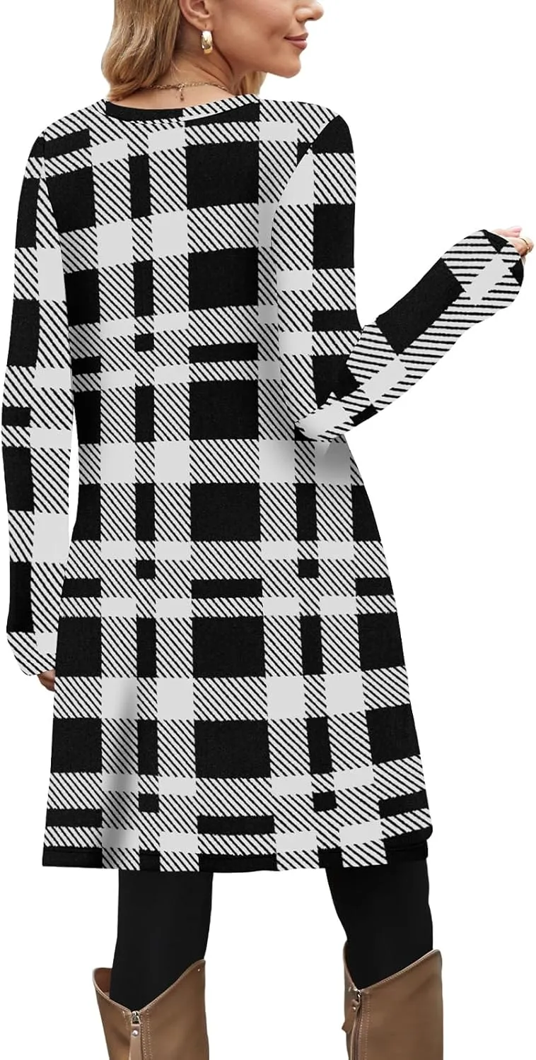 OFEEFAN Fall and Winter Tunic Dress with Pockets Long Sleeve Crew Neck Buttons Side