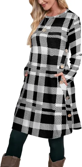 OFEEFAN Fall and Winter Tunic Dress with Pockets Long Sleeve Crew Neck Buttons Side