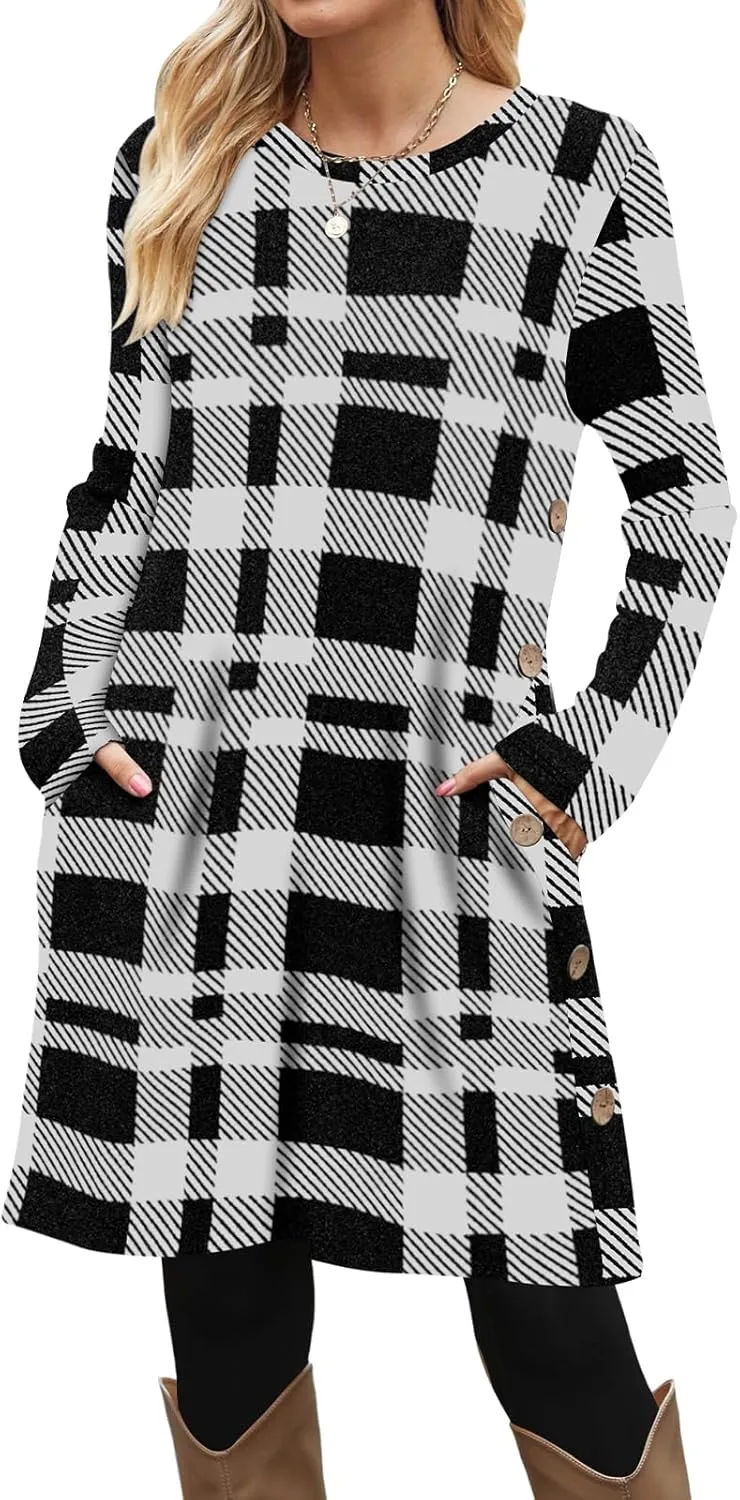 OFEEFAN Fall and Winter Tunic Dress with Pockets Long Sleeve Crew Neck Buttons Side