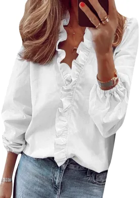 OMZIN Women Business Lantern Sleeve Lightweight Shirt Autumn Ruffle Trim Soft Blouse Low Cut Elegant Top