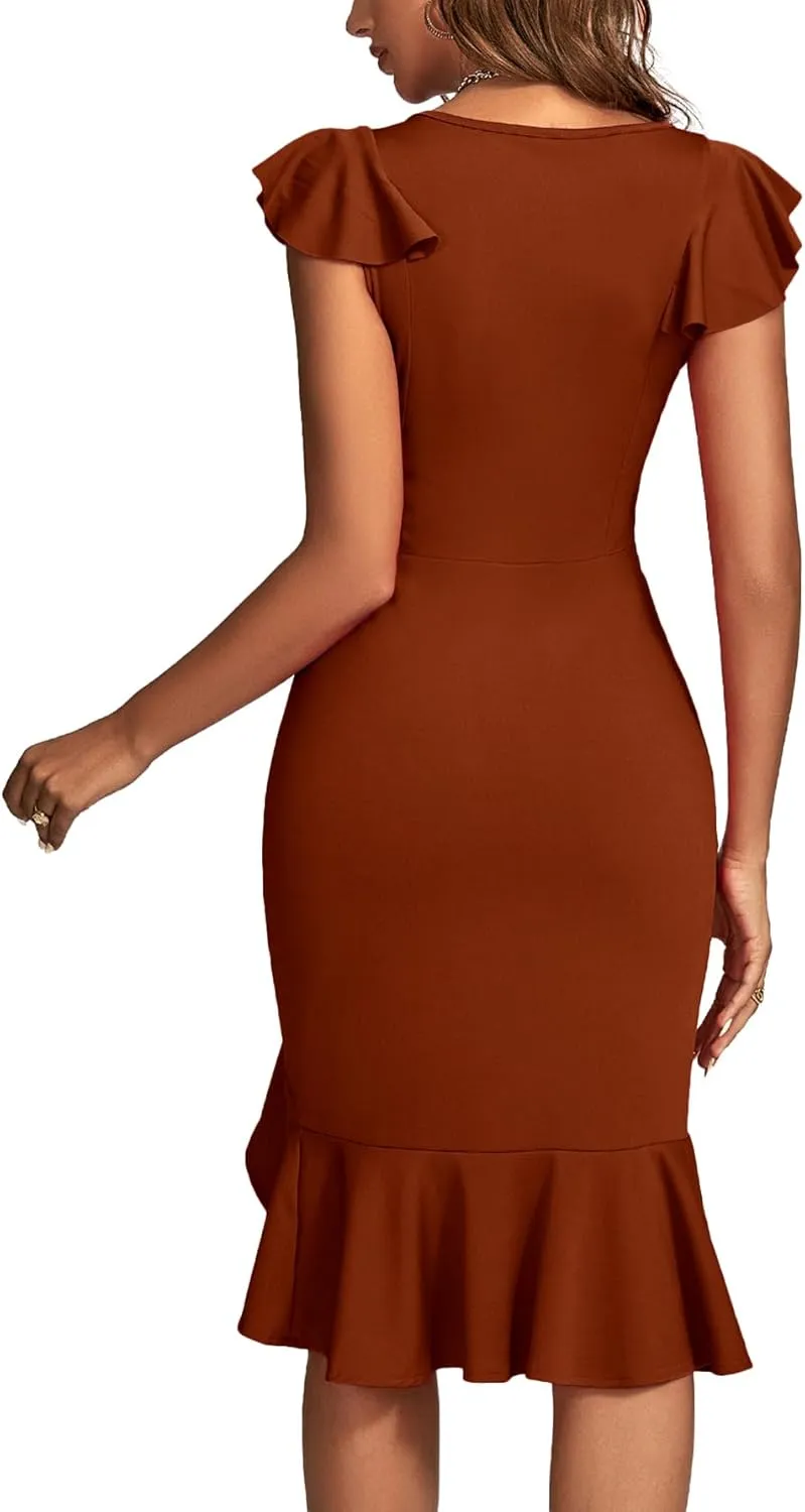 OPOIPIN Women's Flutter Sleeve Crewneck Ruffle Hem Mermaid Sleeveless Party Short Dress