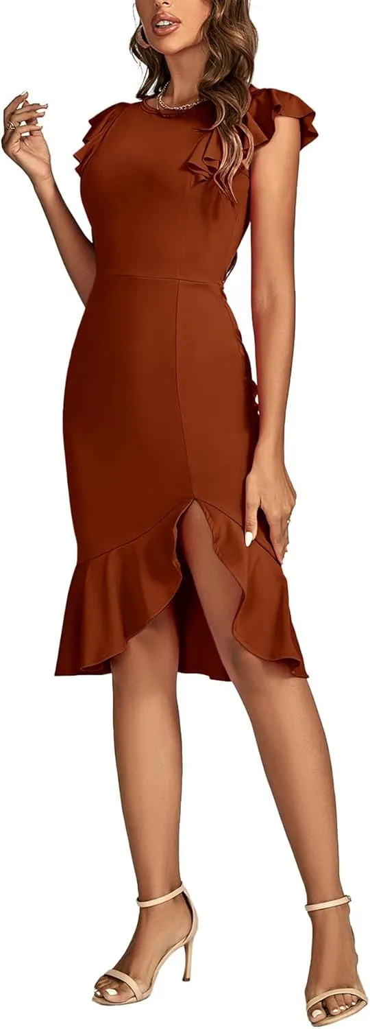 OPOIPIN Women's Flutter Sleeve Crewneck Ruffle Hem Mermaid Sleeveless Party Short Dress
