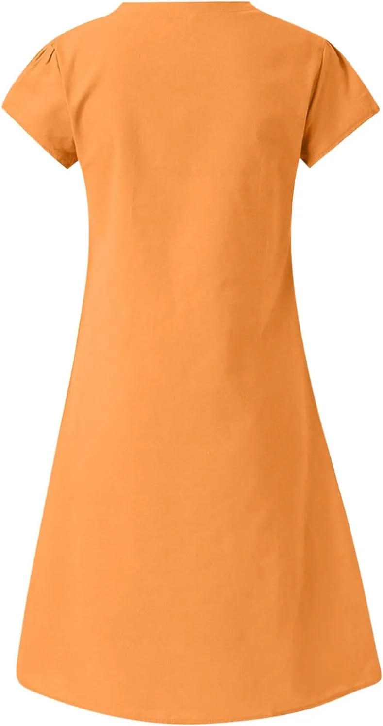 TANGNADE Women Summer Cotton Linen Midi Dresses V Neck Short Sleeve Causal Loose Beach Cover Ups Tshirt Sundress