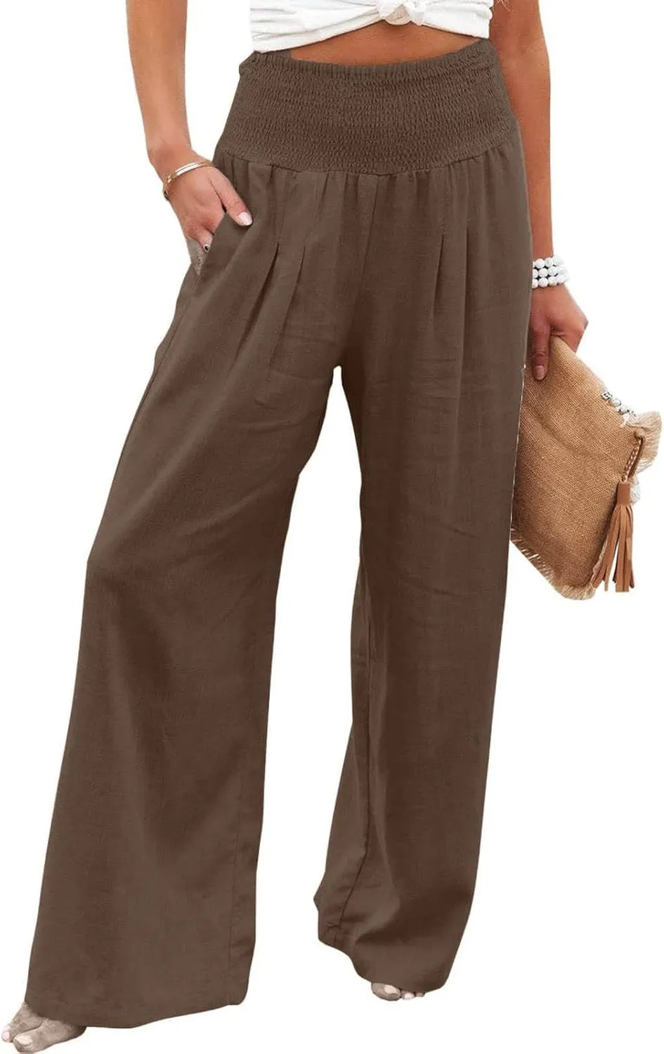 TANGNADE Women Summer Smocked High Waisted Cotton Linen Palazzo Pants Plus Size Wide Leg Casual Loose Travel Gauze Trouser