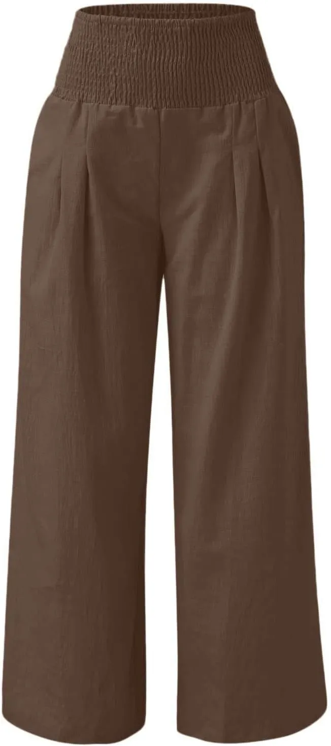 TANGNADE Women Summer Smocked High Waisted Cotton Linen Palazzo Pants Plus Size Wide Leg Casual Loose Travel Gauze Trouser