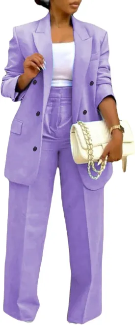 Vakkest Pant Suits for Women Dressy 2 Piece Outfit Business Casual Blazer Jackets and Wide Leg Work Office Slacks Set