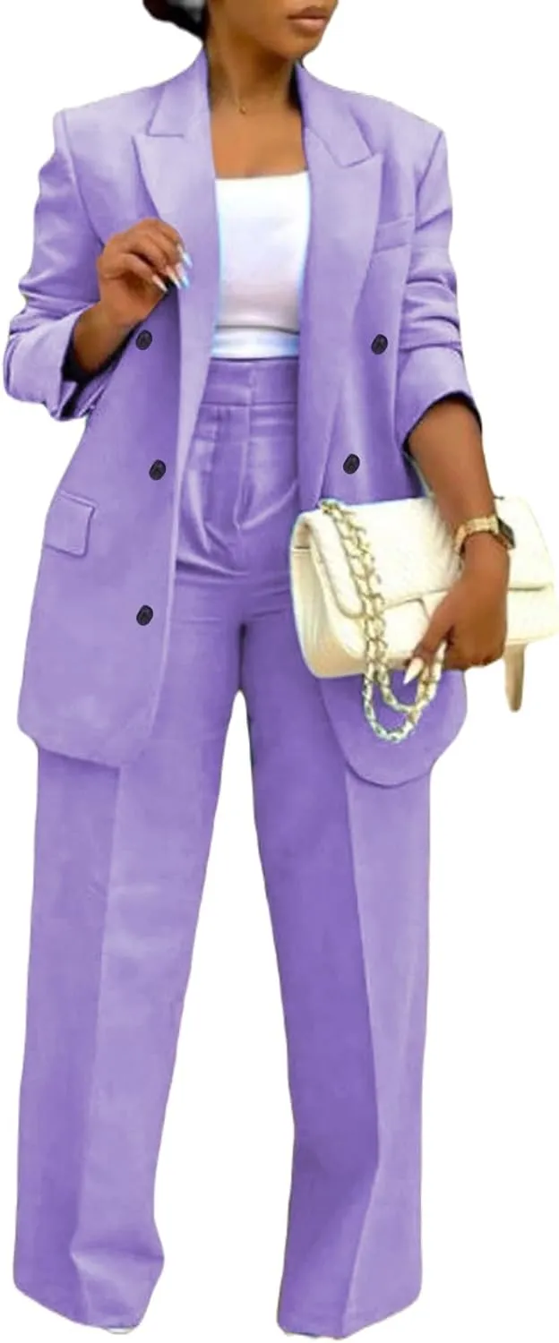 Vakkest Pant Suits for Women Dressy 2 Piece Outfit Business Casual Blazer Jackets and Wide Leg Work Office Slacks Set