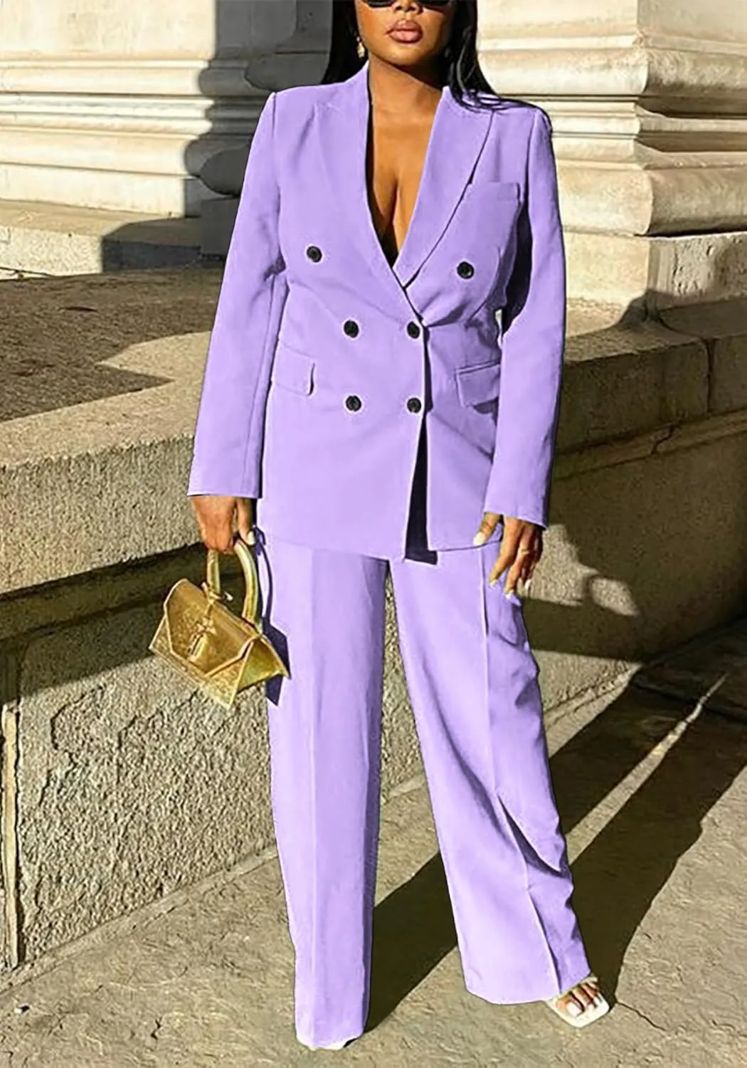 Vakkest Pant Suits for Women Dressy 2 Piece Outfit Business Casual Blazer Jackets and Wide Leg Work Office Slacks Set