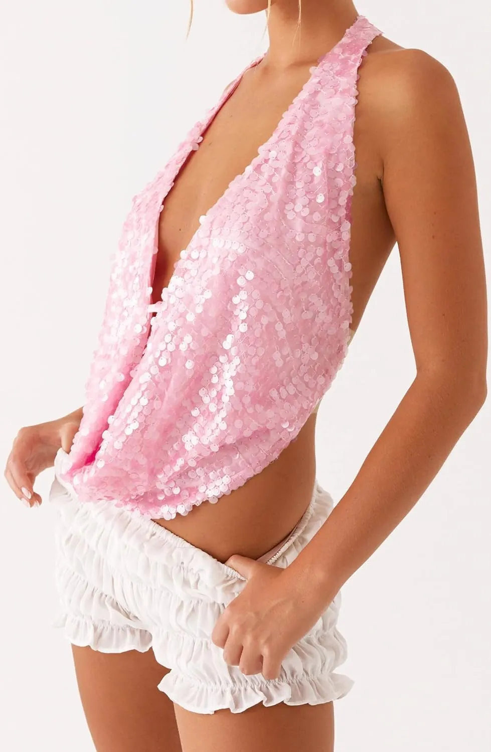 Women Sequin Beaded Halter Cami Top Low Cut Cowl Neck Sleeveless Sparkly Tank Top Y2k Backless Glitter Party Tops