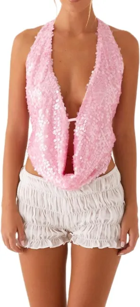 Women Sequin Beaded Halter Cami Top Low Cut Cowl Neck Sleeveless Sparkly Tank Top Y2k Backless Glitter Party Tops