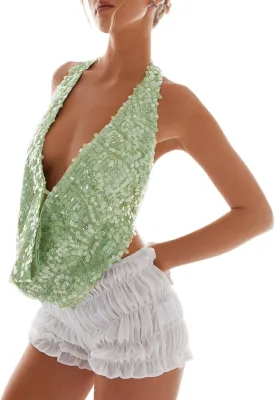 Women Sequin Beaded Halter Cami Top Y2k Glitter Low Cut Sleeveless Sparkly Tank Top Sexy Open Back Going Out Vest