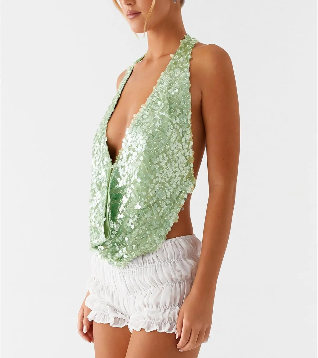 Women Sequin Beaded Halter Cami Top Y2k Glitter Low Cut Sleeveless Sparkly Tank Top Sexy Open Back Going Out Vest