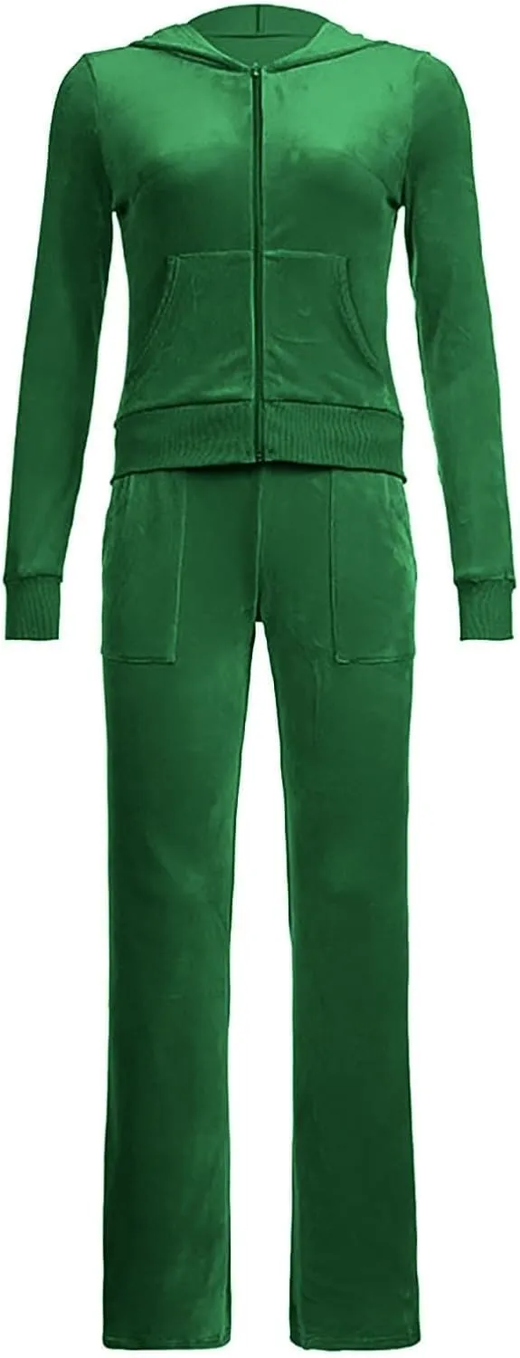 Women Velour Sweat Suits 2 Piece Outfits Tracksuits Long Sleeve Zip Up Hooded Jacket Wide Plus Size Suit