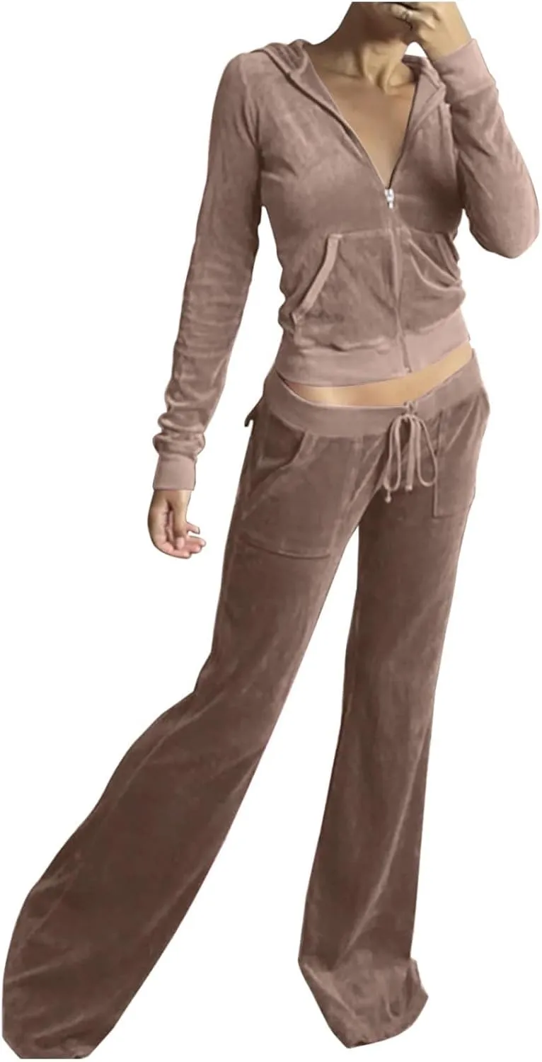 Women Velour Sweat Suits 2 Piece Outfits Tracksuits Long Sleeve Zip Up Hooded Jacket Wide Plus Size Suit