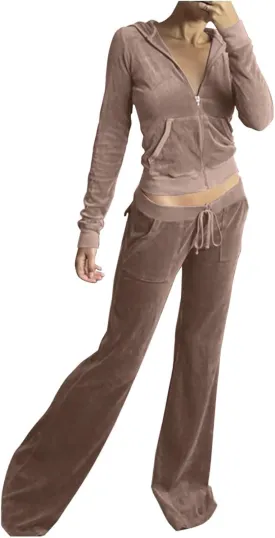 Women Velour Sweat Suits 2 Piece Outfits Tracksuits Long Sleeve Zip Up Hooded Jacket Wide Plus Size Suit