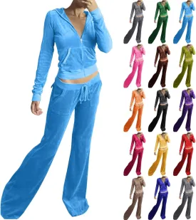 Women Velour Sweat Suits 2 Piece Outfits Tracksuits Long Sleeve Zip Up Hooded Jacket Wide Plus Size Suit
