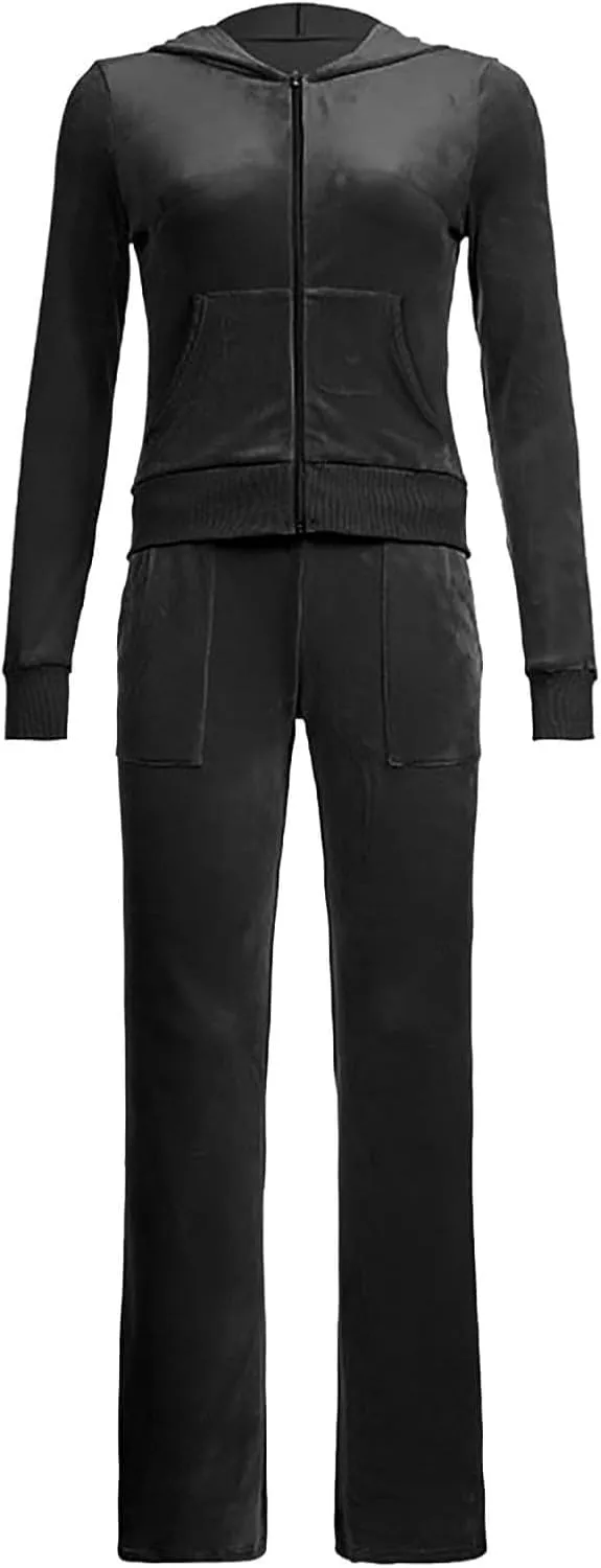 Women Velour Sweat Suits 2 Piece Outfits Tracksuits Long Sleeve Zip Up Hooded Jacket Wide Plus Size Suit