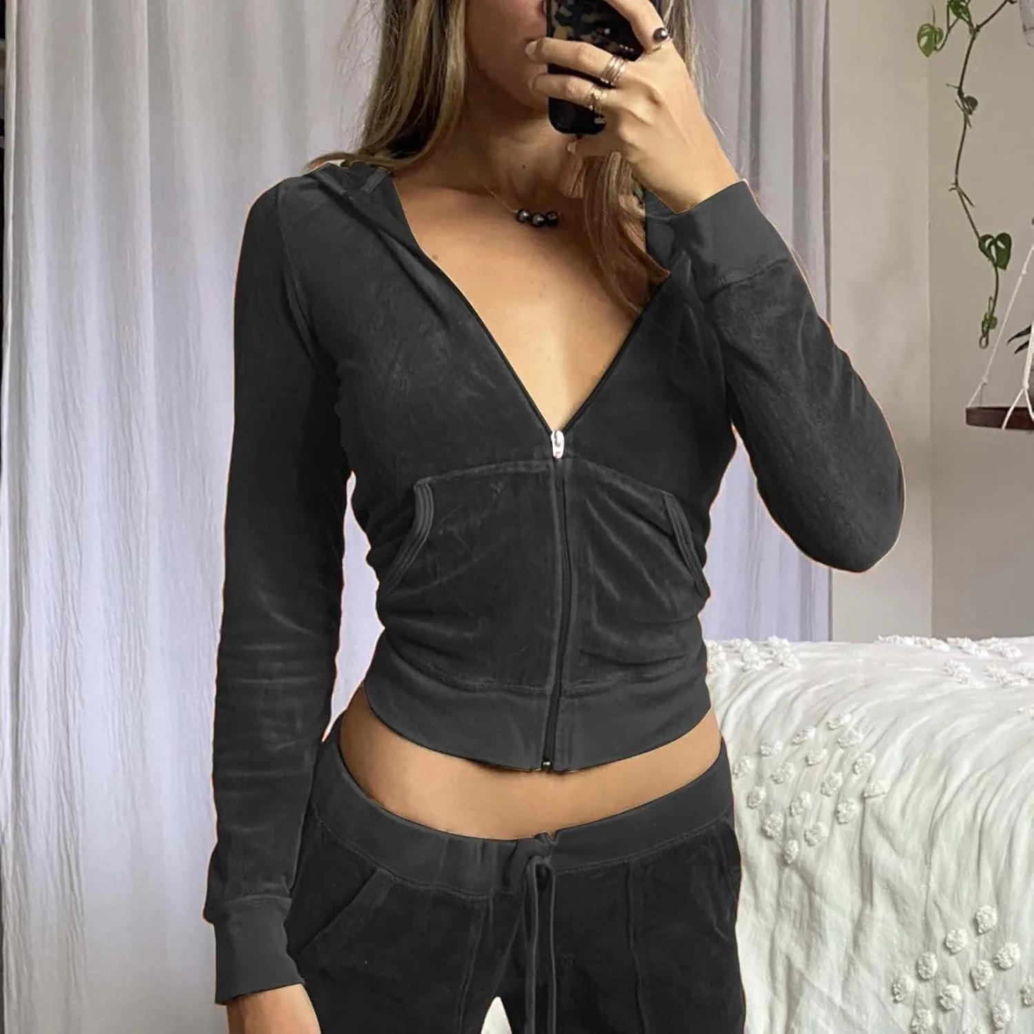 Women Velour Sweat Suits 2 Piece Outfits Tracksuits Long Sleeve Zip Up Hooded Jacket Wide Plus Size Suit