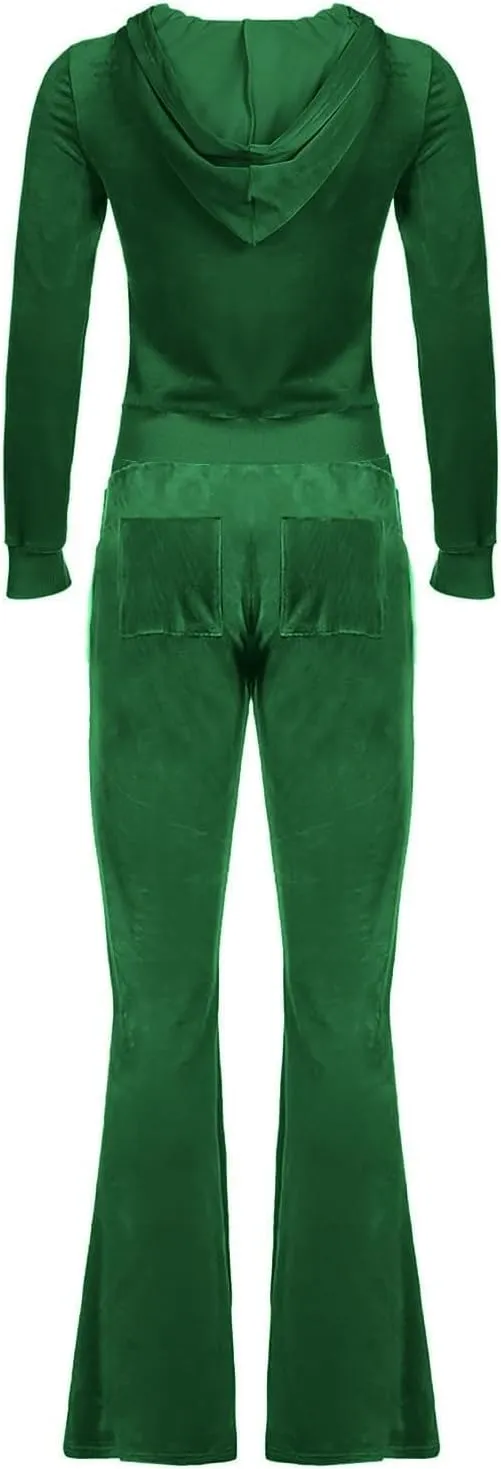 Women Velour Sweat Suits 2 Piece Outfits Tracksuits Long Sleeve Zip Up Hooded Jacket Wide Plus Size Suit