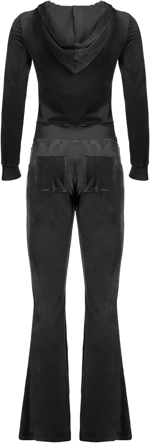Women Velour Sweat Suits 2 Piece Outfits Tracksuits Long Sleeve Zip Up Hooded Jacket Wide Plus Size Suit